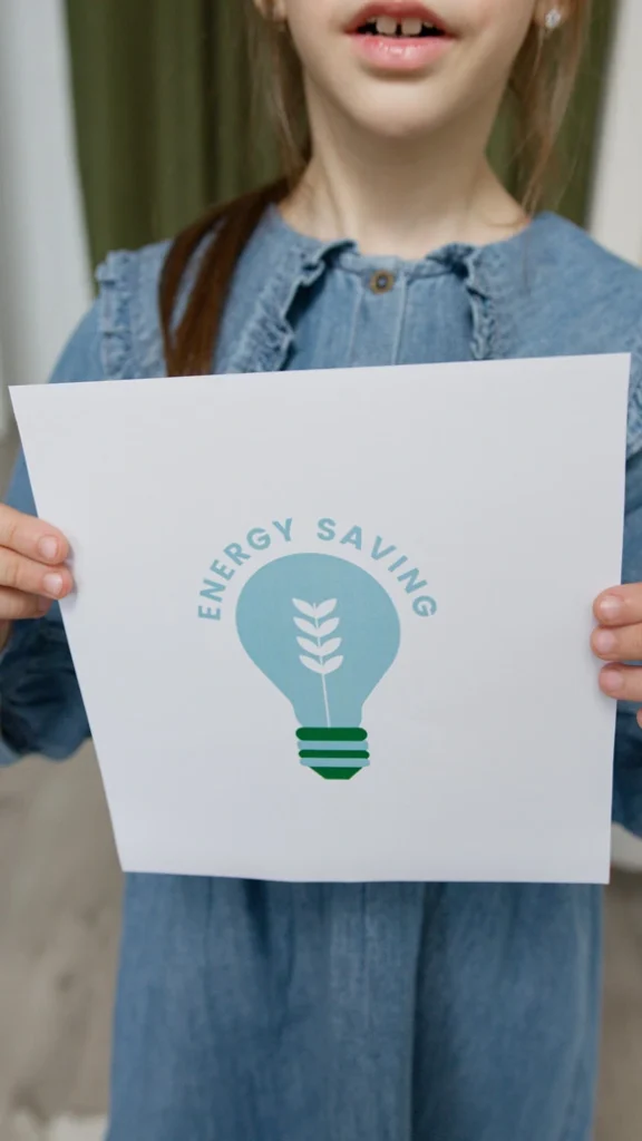 Jeune fille avec affiche économie d'énergie pour la construction de maisons en bois